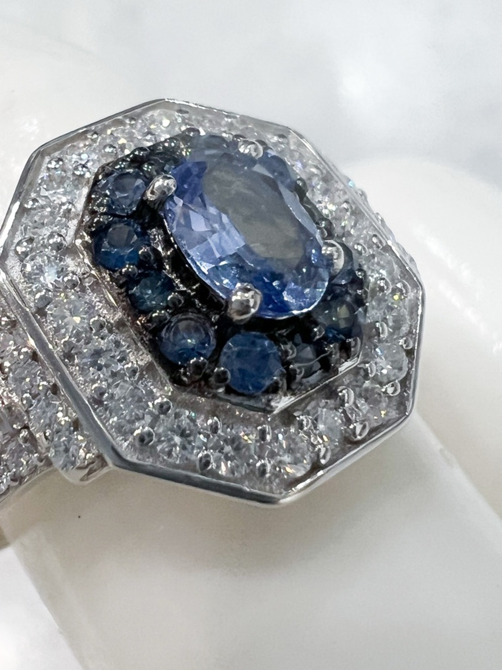 Ceylon Blue Sapphire &Moissanite Sterling Silver Double Halo Ring Sz 8 - Picture 4 of 12